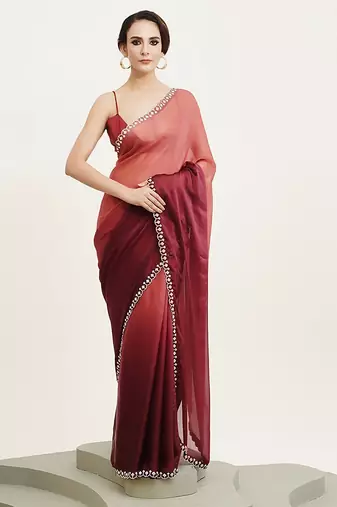 peach ombre dyed beads and stones satin saree