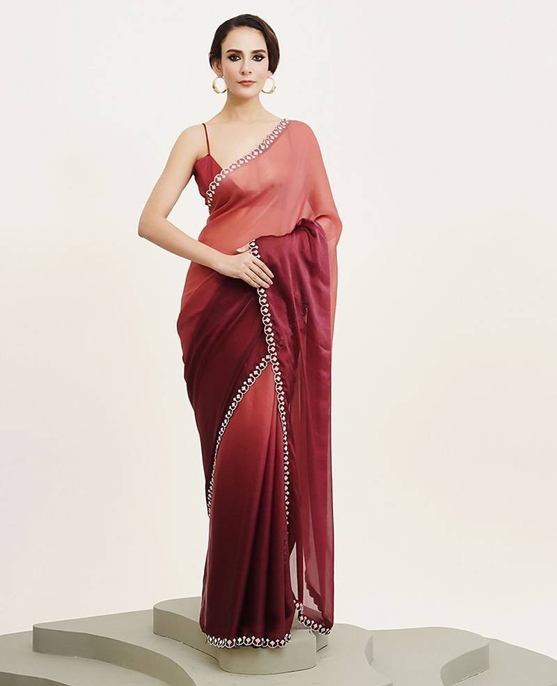 peach ombre dyed beads and stones satin saree