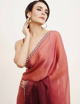 peach ombre dyed beads and stones satin saree 2