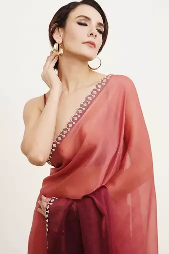 peach ombre dyed beads and stones satin saree