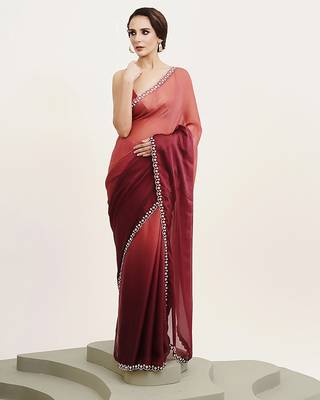 peach ombre dyed beads and stones satin saree 3