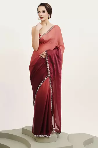 peach ombre dyed beads and stones satin saree