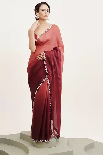 peach ombre dyed beads and stones satin saree