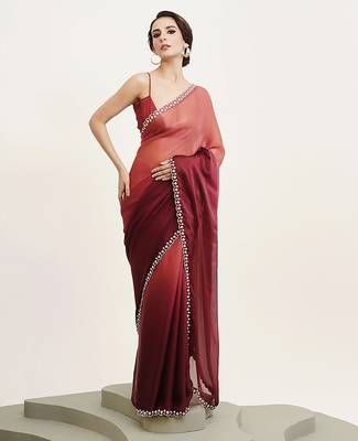peach ombre dyed beads and stones satin saree 5