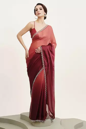 peach ombre dyed beads and stones satin saree