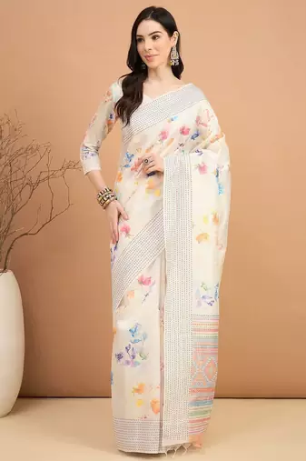 off_white floral kantha work  tussar saree