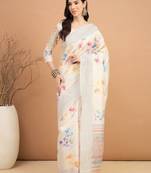off_white floral kantha work  tussar saree