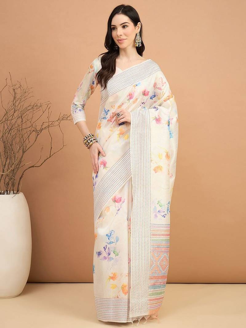 off_white floral kantha work  tussar saree