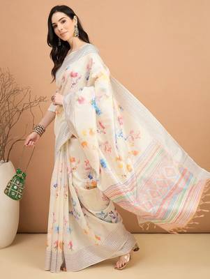 off_white floral kantha work  tussar saree 2