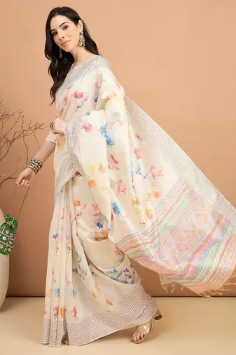 off_white floral kantha work  tussar saree