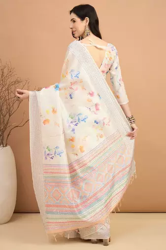 off_white floral kantha work  tussar saree