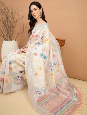 off_white floral kantha work  tussar saree 4