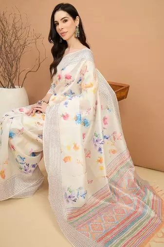 off_white floral kantha work  tussar saree