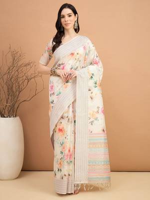 off_white floral kantha work silk cotton designer tussar saree 1