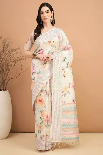 off_white floral kantha work silk cotton designer tussar saree
