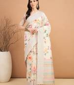 off_white floral kantha work silk cotton designer tussar saree