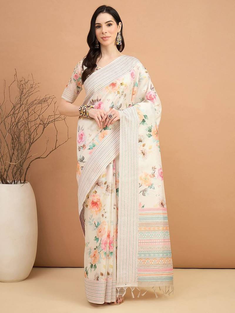 off_white floral kantha work silk cotton designer tussar saree