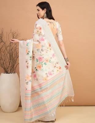 off_white floral kantha work silk cotton designer tussar saree 2