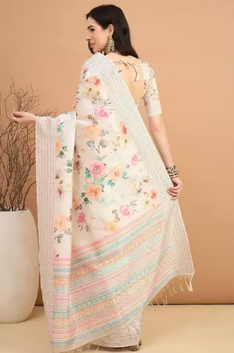 off_white floral kantha work silk cotton designer tussar saree