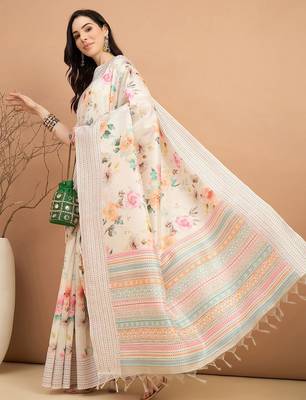off_white floral kantha work silk cotton designer tussar saree 3