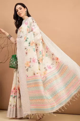 off_white floral kantha work silk cotton designer tussar saree