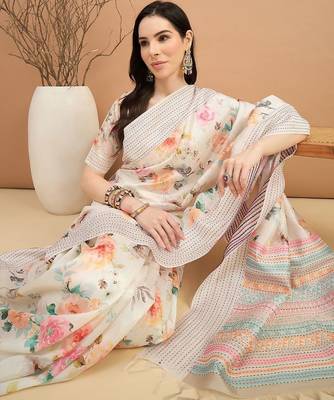 off_white floral kantha work silk cotton designer tussar saree 4