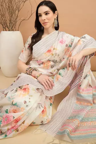 off_white floral kantha work silk cotton designer tussar saree