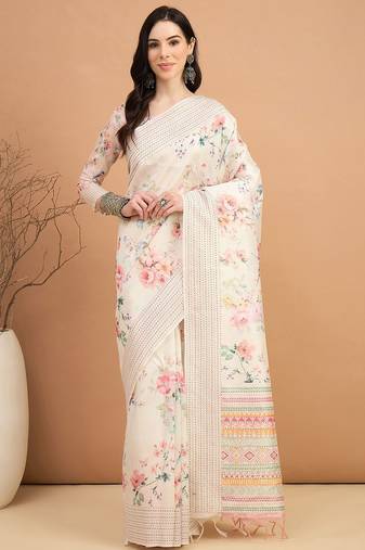 off_white floral kantha work silk cotton tussar saree