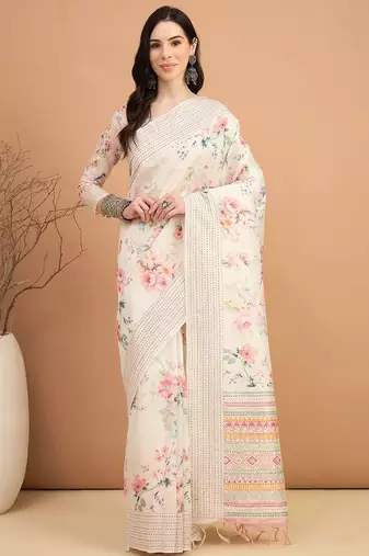 off_white floral kantha work silk cotton tussar saree