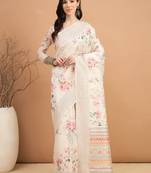 off_white floral kantha work silk cotton tussar saree