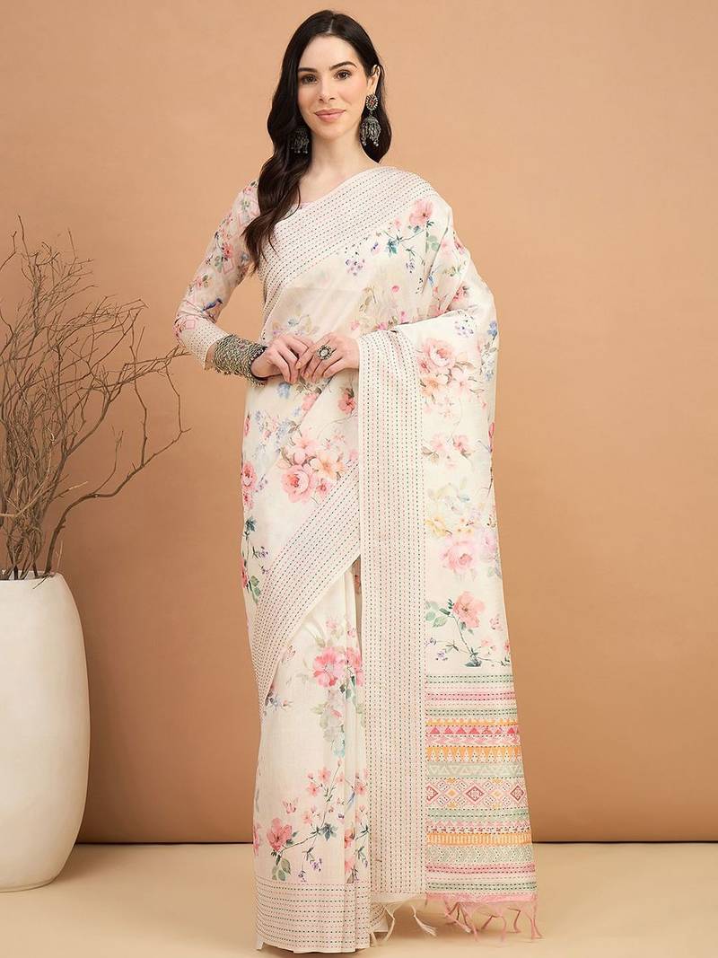 off_white floral kantha work silk cotton tussar saree
