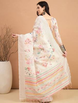 off_white floral kantha work silk cotton tussar saree 2