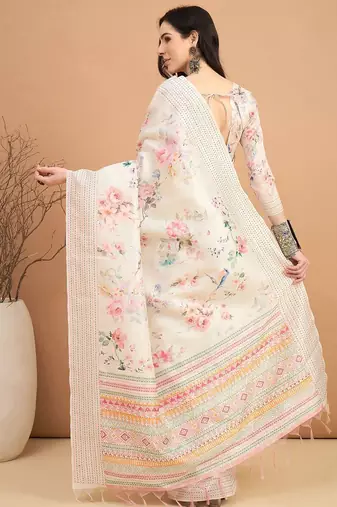 off_white floral kantha work silk cotton tussar saree