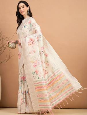 off_white floral kantha work silk cotton tussar saree 3