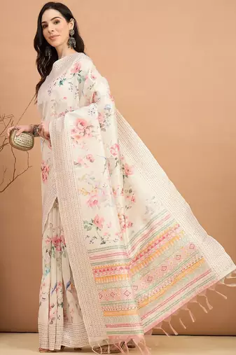 off_white floral kantha work silk cotton tussar saree