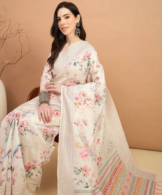 off_white floral kantha work silk cotton tussar saree 4