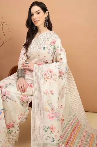 off_white floral kantha work silk cotton tussar saree