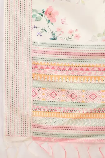 off_white floral kantha work silk cotton tussar saree