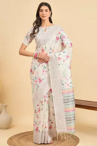 off_white floral kantha work silk cotton tussar saree