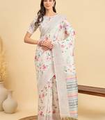 off_white floral kantha work silk cotton tussar saree