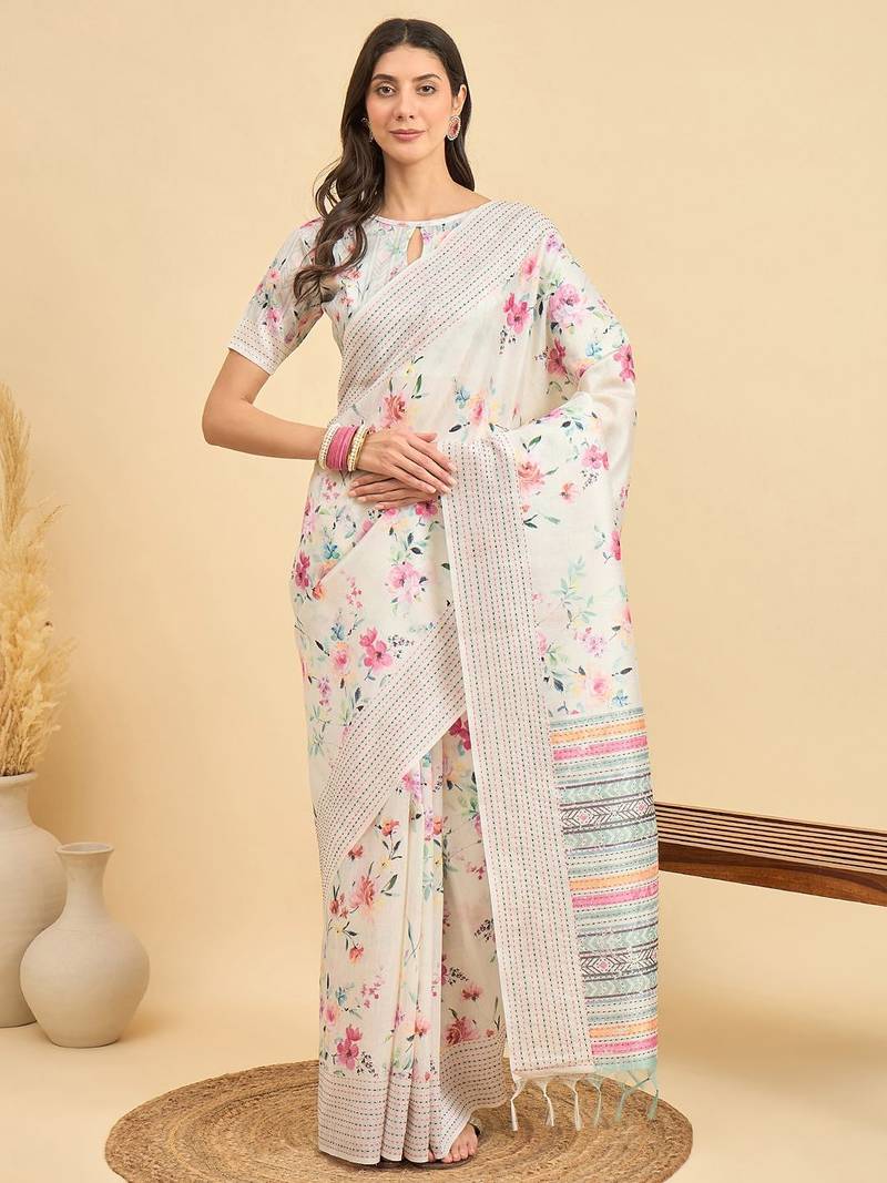 off_white floral kantha work silk cotton tussar saree