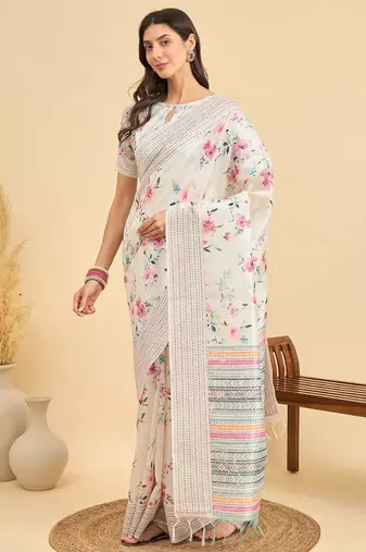 off_white floral kantha work silk cotton tussar saree