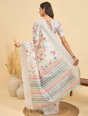 off_white floral kantha work silk cotton tussar saree 3