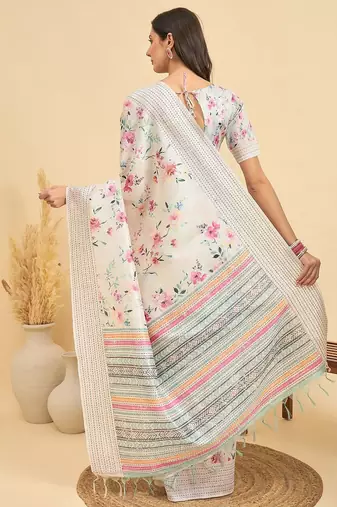 off_white floral kantha work silk cotton tussar saree