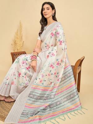 off_white floral kantha work silk cotton tussar saree 4