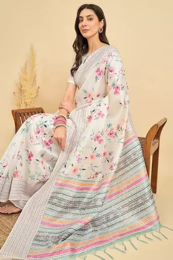 off_white floral kantha work silk cotton tussar saree