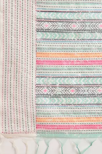 off_white floral kantha work silk cotton tussar saree