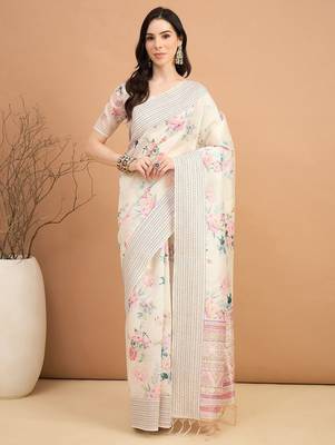 off_white floral kantha work silk cotton tussar saree 1
