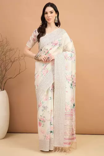 off_white floral kantha work silk cotton tussar saree