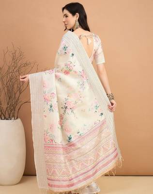 off_white floral kantha work silk cotton tussar saree 2